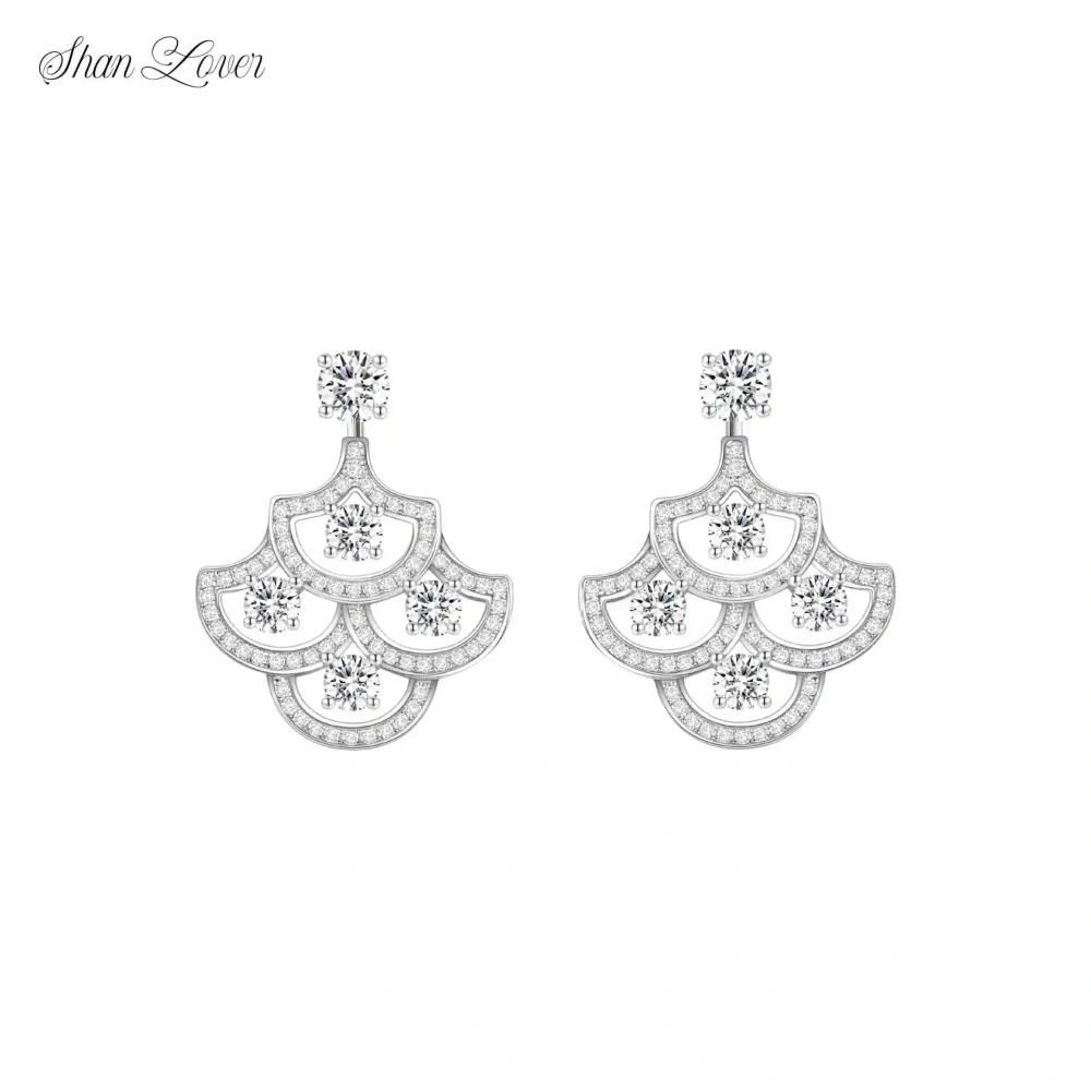 ShanLover Brand 5A Level 925 Sterling Silver Fan Shaped Stud Earrings with Full-Diamond Hollow Design Earrings Jewelry