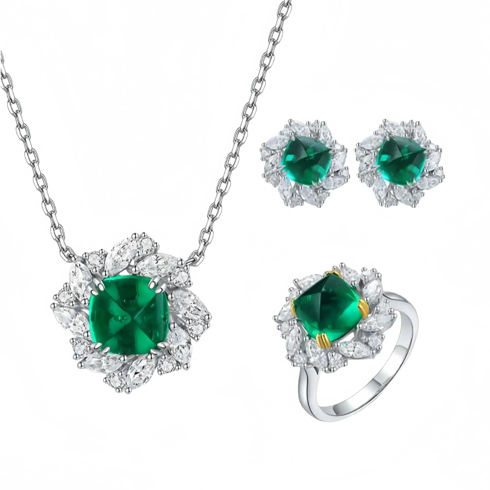 ShanLover Top Grade 9ct Lab Grown Emerald Jewelry Set 925 Sterling Silver Pendant Necklace Emerald Rings Stud Earrings For Women