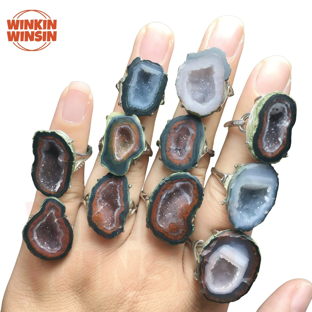 Winkin Winsin Unique Natural Gemstones Ring Agate Crystal House Ring For Women Man Free Size 925 Sterling Silver Rings Jewelry