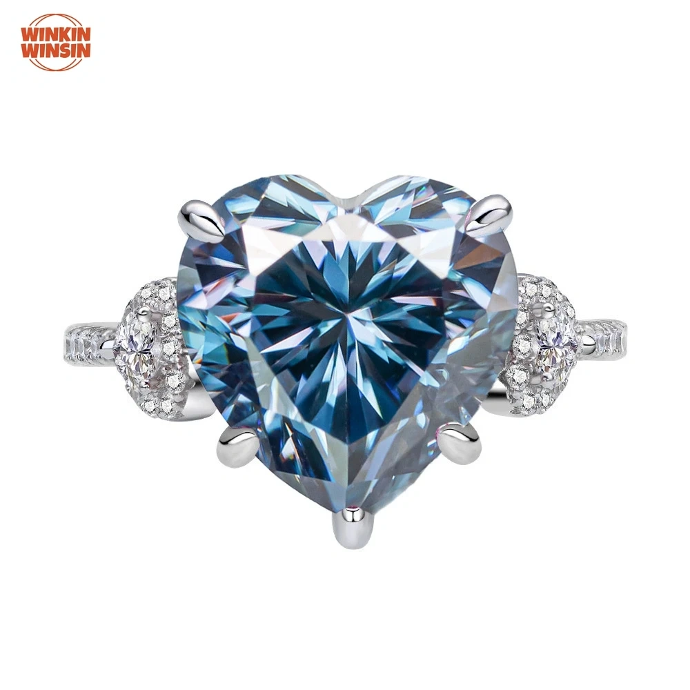 Winkin Winsin MST Top Grade 6ct GRA Moissanite Rings For Women Heart Style Colorful Gemstone 925 Sterling Silver Ring Jewelry