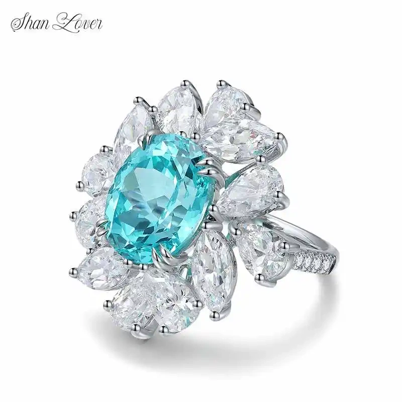 ShanLover Brand Simple Flower S925 Sterling Silver Oval Shaped Cultivated  Stone Lab Grown Gemstones Ring for Women