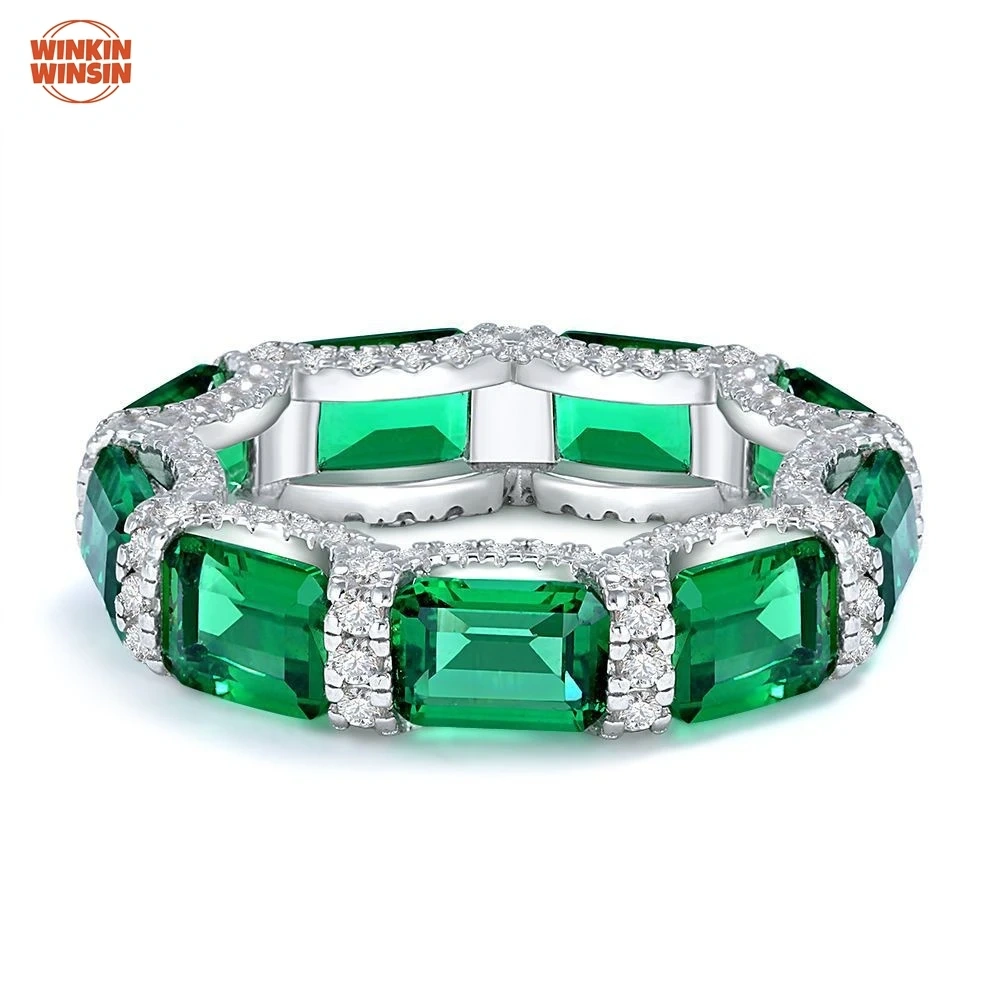 Winkin Winsin 925 Sterling Silver Ring 1ct Synthetic Emerald Lab Grown Gemstones High Carbon Diamond Ring for Women Jewelry