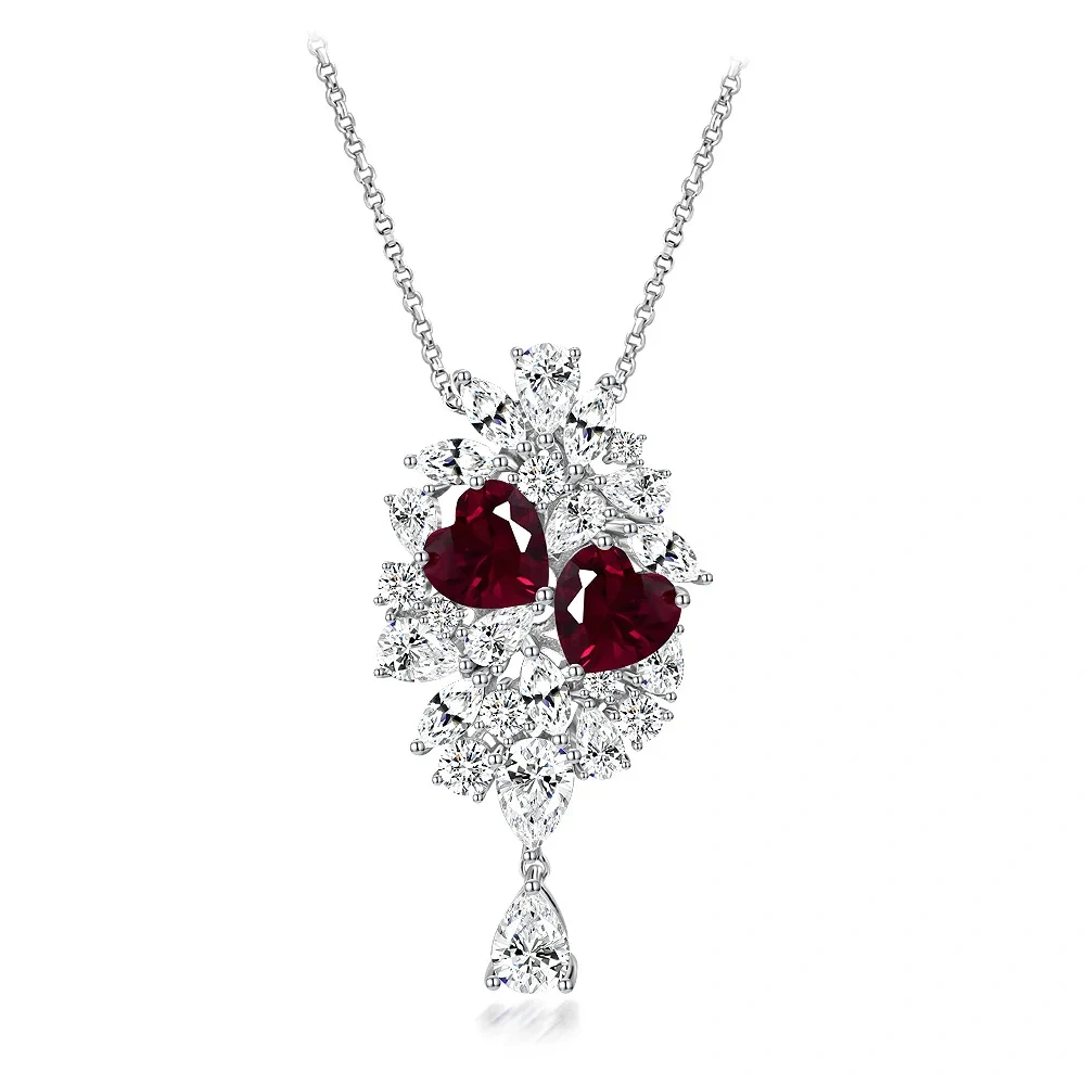 Winkin Winsin New Style S925 Silver 2ct Heart Shape Cultured Ruby 8*8 Light Luxury Niche Design Pendant For Women