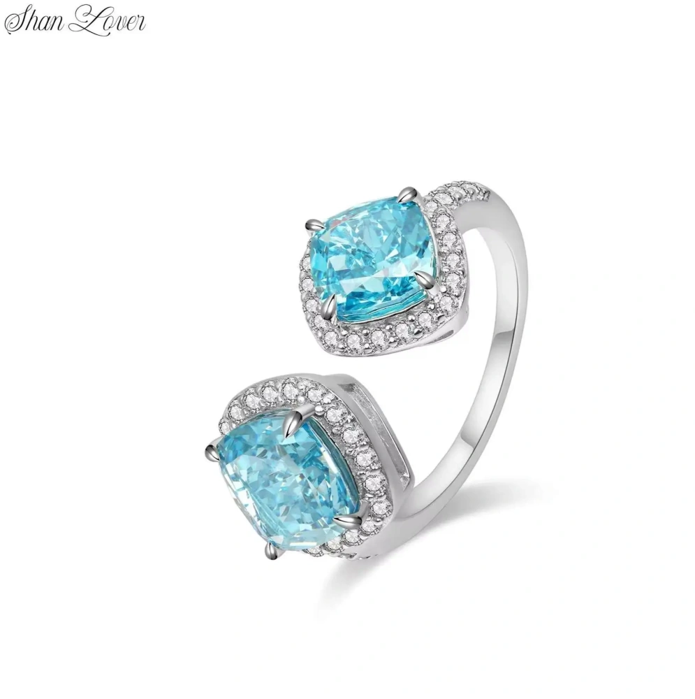 ShanLover Brand Designer S925 Real 925 Sterling Silver Cut Diamond Opening Ring With Blue Gemstone Unique Design for Woman Girl