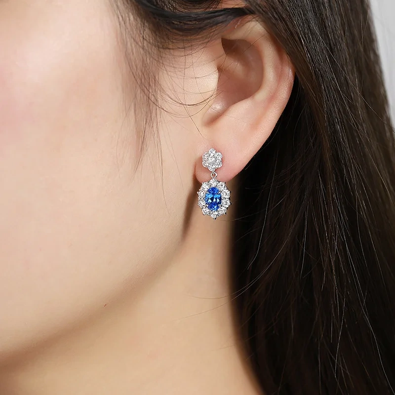 ShanLover Brand CMA Certificate Blue Lab Grown Gemstones 925 Sterling Silver Diamond Stud Earrings Luxury Jewelry