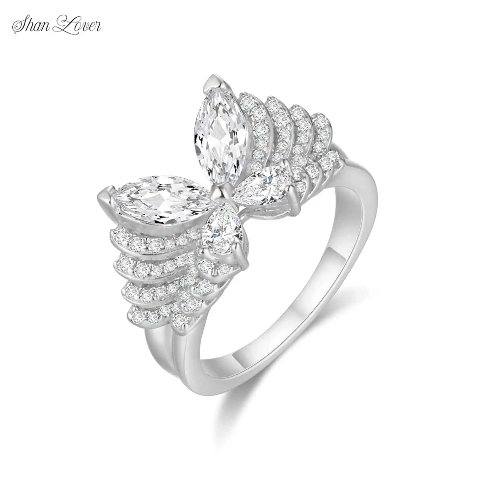 ShanLover Brand High Quality Certificate 925 Sterling Silver Diamond 3D Butterfly Ring Trendy Women Zircon Ring