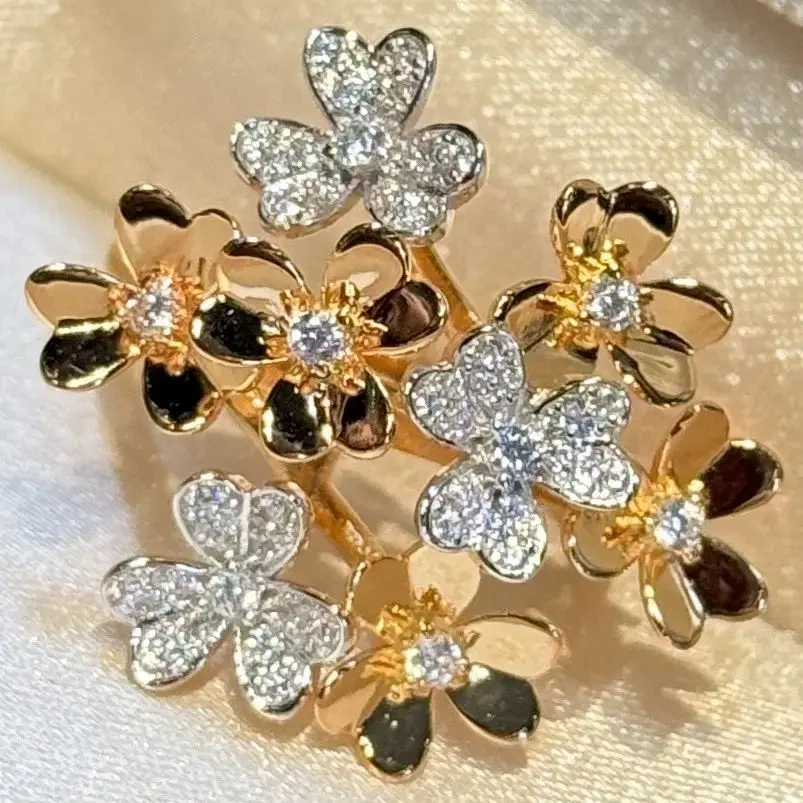 Winkin Winsin 925 Sterling Silver New Style Luxury Brand Designer Clover Two-Tone Diamond Accented Ring CMA Certificate Jewelry