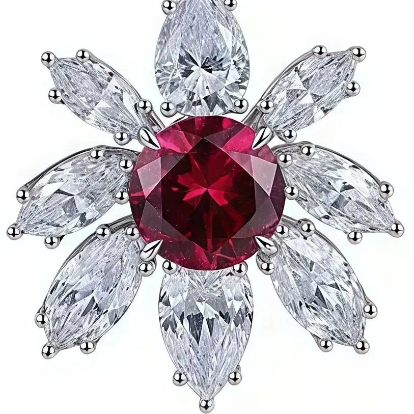 ShanLover Brand Simple Floral round Red Gemstone Silver Ear Studs Lab Grown Gemstones  Pigeon Blood Red Ruby Fashion Jewelry