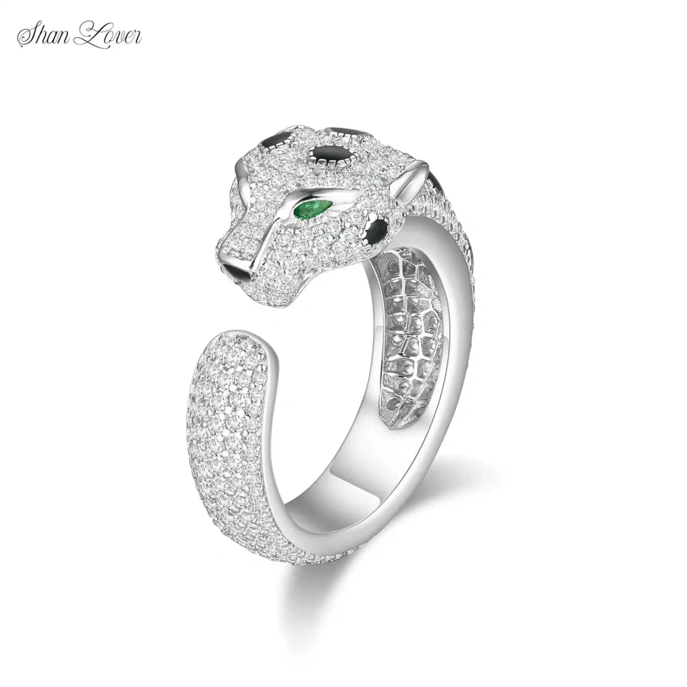 ShanLover Brand 925 Sterling Silver Rings Full Diamond Leopard Head Open Ring for Women Trendy European American Fashion Jewelry