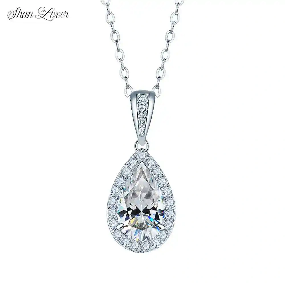 ShanLover Brand Moissanite Pendant Necklace For Women S 925 Sterling Silver Chain Necklace With Water Drop Pendants Jewelry