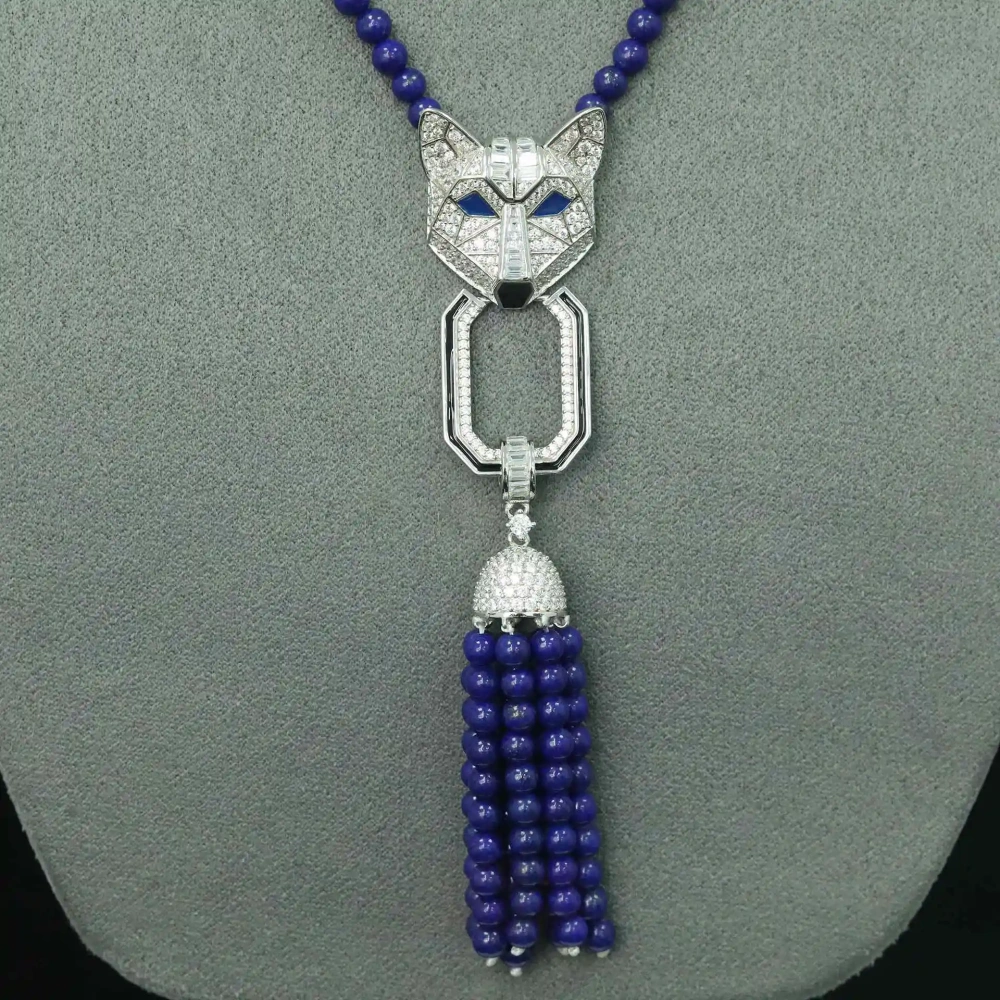 Winkin Winsin Luxury 925 Sterling Silver Beads Necklaces Fox Leopard Necklace Natural Lapis lazuli Gemstones Pendant Jewelry