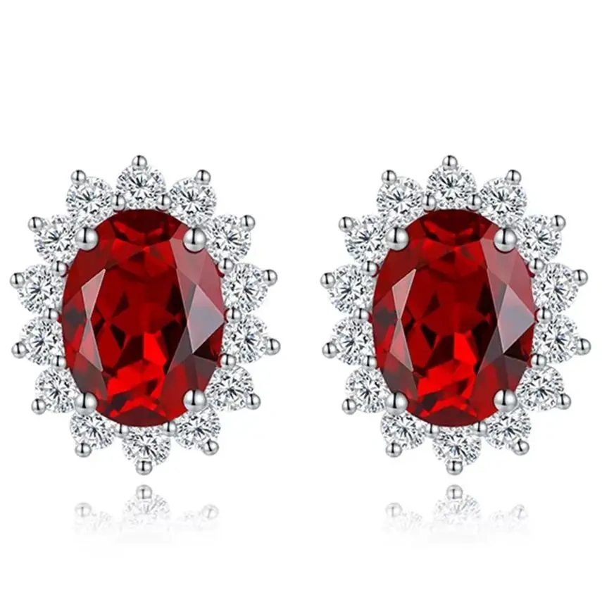 ShanLover Brand Lab Grown Red Stud Earrings Classic Princess Diana Style Retro Feel Diamond Jewelry for Women Jewelry