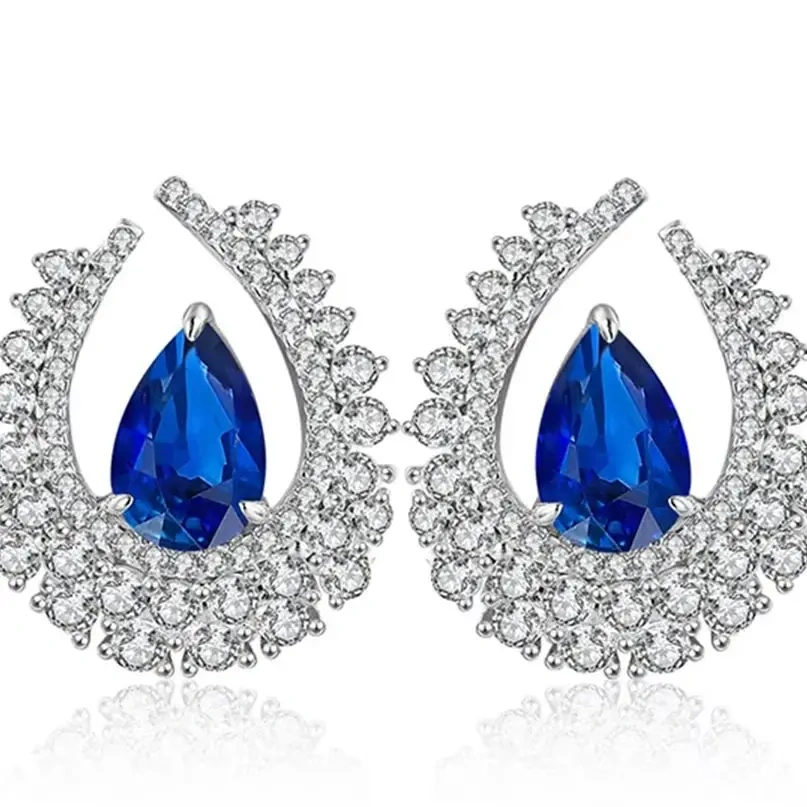 ShanLover Brand Deep Blue Teardrop Earrings Sapphire Stud Earrings For Lab Grown Gemstones Women S925 Silver Earrings