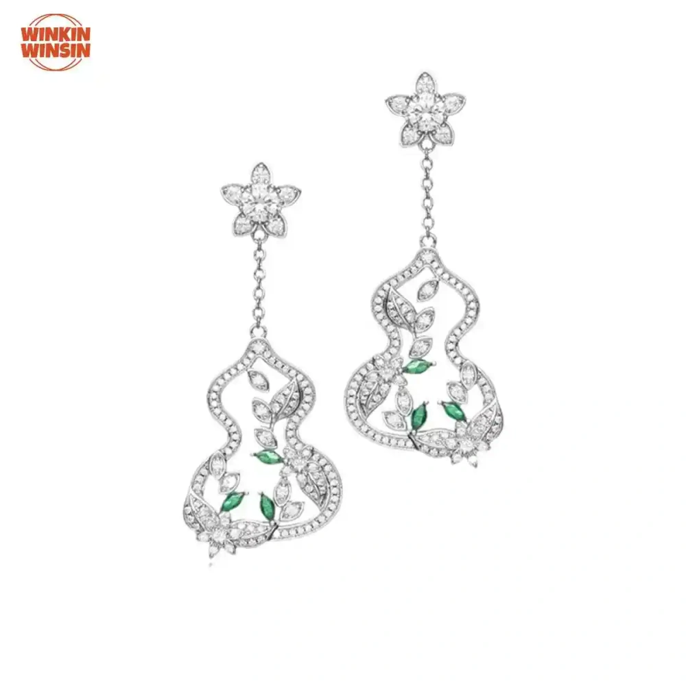 Winkin Winsin Solid Pure Silver Emerald-Embellished Hollow-out Large Gourd Earrings with Tassels