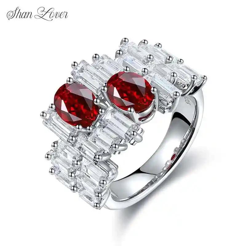 ShanLover Brand Oval Shaped Laboratory Grown Ruby Ring Set in S925 925 Sterling Silver for Women Designer Jewelry Gifts