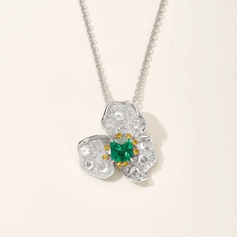 ShanLover Brand 925 Sterling Silver Red Green Gemstone Pendant Necklace Jewelry Flower Design Zircon Drop Pendants Necklaces