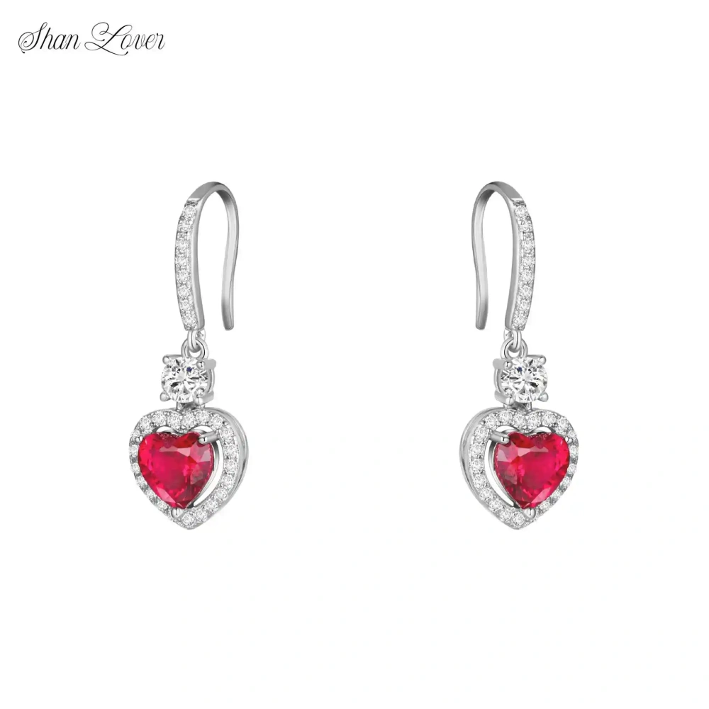 ShanLover Brand 925 Sterling Silver Heart Earrings Woman Red Gemstone Pure Silver Platinum Plated Luxury Drop Earrings Jewelry