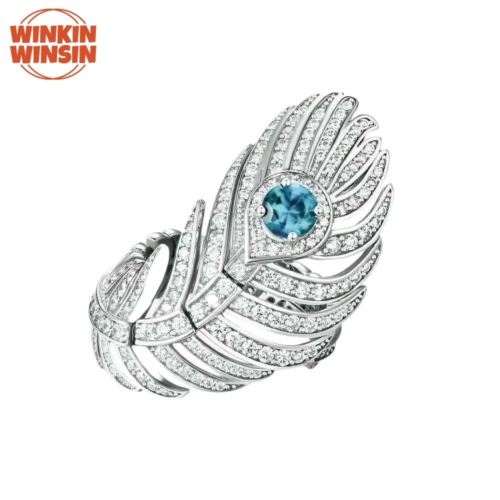 Winkin Winsin Brand Luxury S925 925 Sterling Silver Ring For Women Peacock Feathers Rings Girls Blue Zircon Finger Ring Jewelry