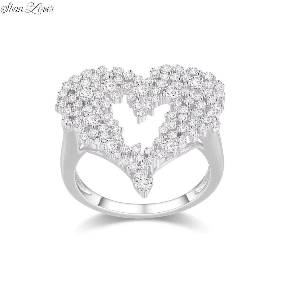 ShanLover Brand S925 925 Sterling Silver Ring for Lovers Woman Man Dazzling Heart Full Diamonds High-Quality Gemstones Jewelry