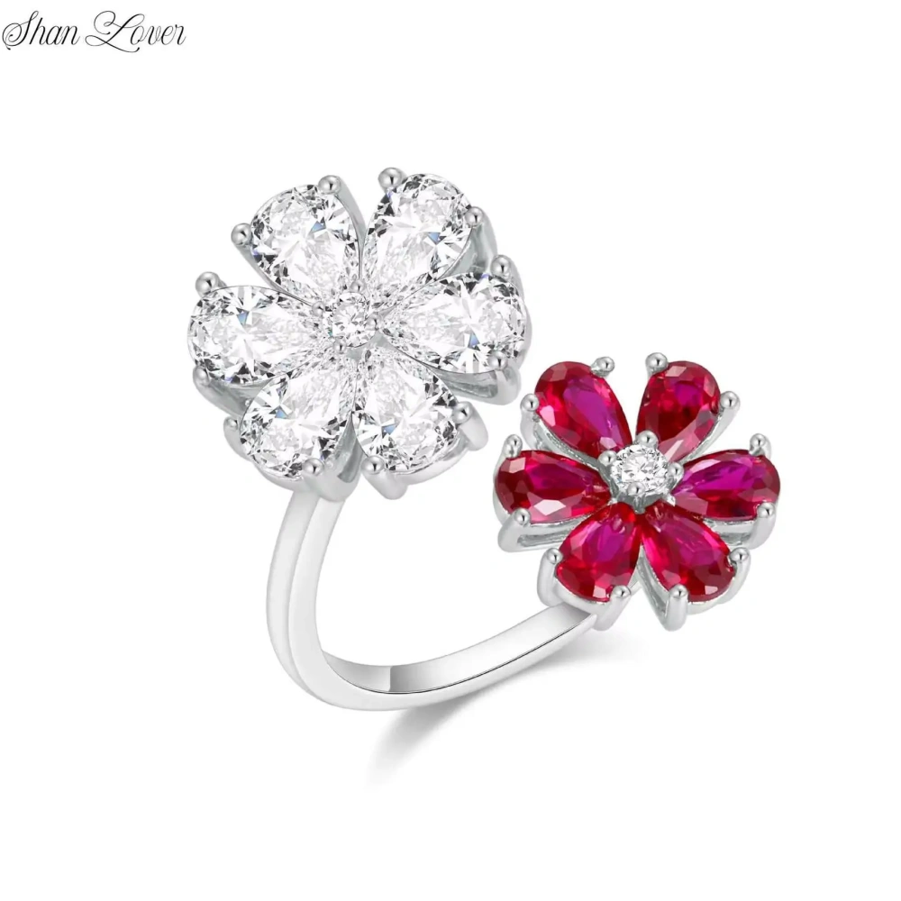 ShanLover Brand Luxury S925 Real 925 Sterling Silver Ring For Women Adjustable Opened Design Fashion Red Gemstones Rings Jewelry