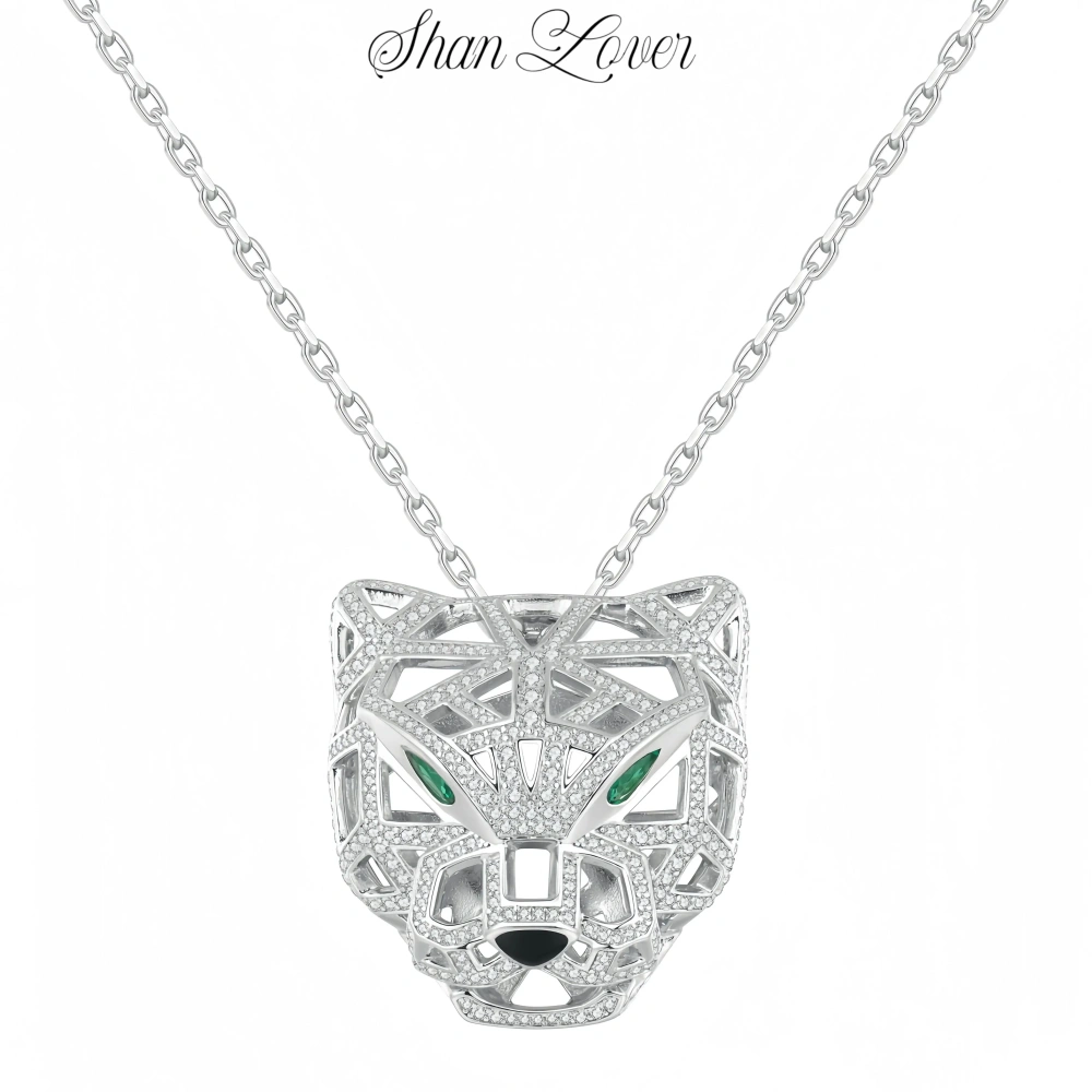 ShanLover Brand Designer Leopard Head Pendants Necklaces 925 Sterling Silver Jewelry Leopard Face Pendant Necklace for Woman Man