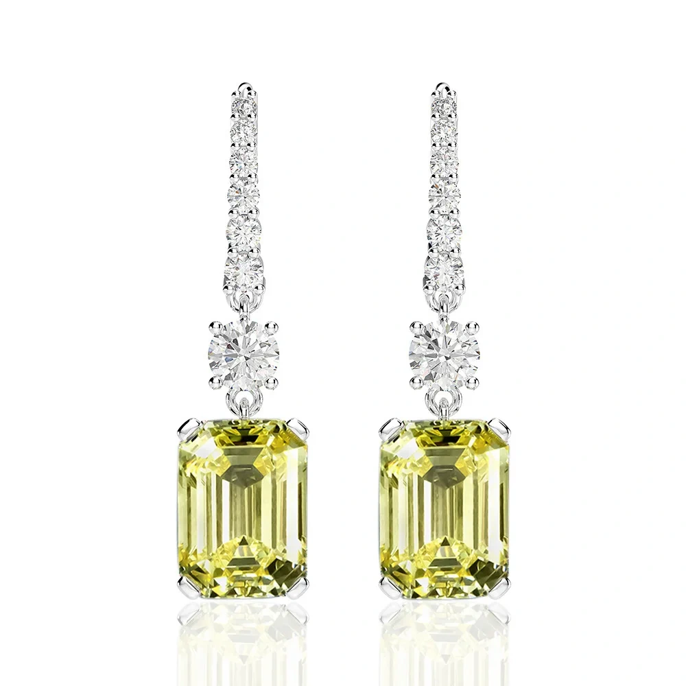 Winkin Winsin 925 Silver 8*11 High-Carbon Diamond Earrings, Rectangular Chamfered And Polished, 4 Carat Ear Hooks For Women