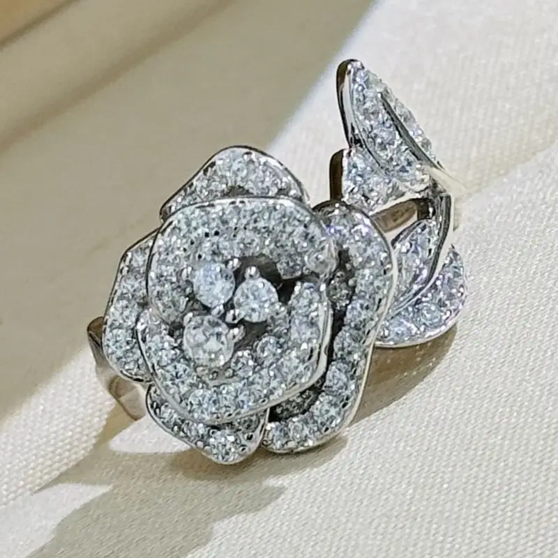 Winkin Winsin Camellia Leaf Inlaid Full-diamond Ring 925 Sterling Silver  Lab Grown High Carbon Diamond Zircon Women Ring