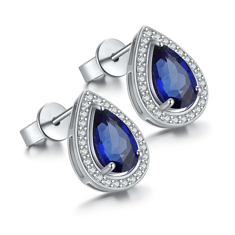 ShanLover Brand Luxury 925 Sterling Silver Earrings Lab Grown Teardrop Shaped Sapphire Stud Earrings for Women