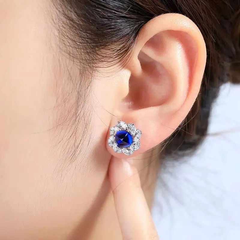 ShanLover Brand 4.46ct High End Temperament Lab Grown Blue Gemstones Stud Earrings 925 Sterling Silver Stud Earrings