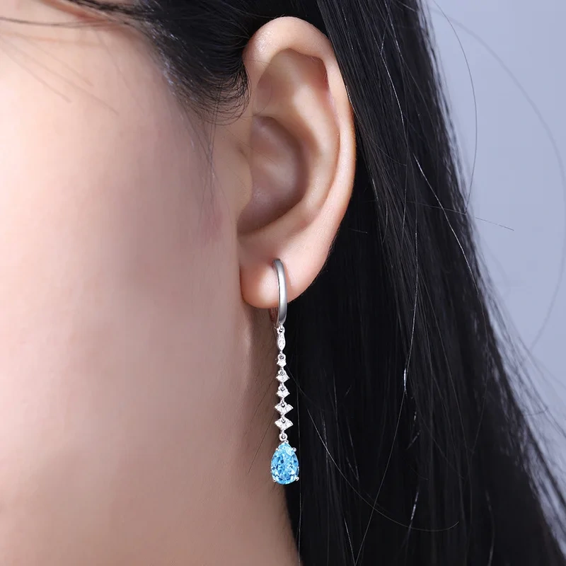 ShanLover Brand Luxury Blue Lab Grown Gemstones 925 Sterling Silver Tassel Stud Earrings for Women CMA Certificate Jewelry