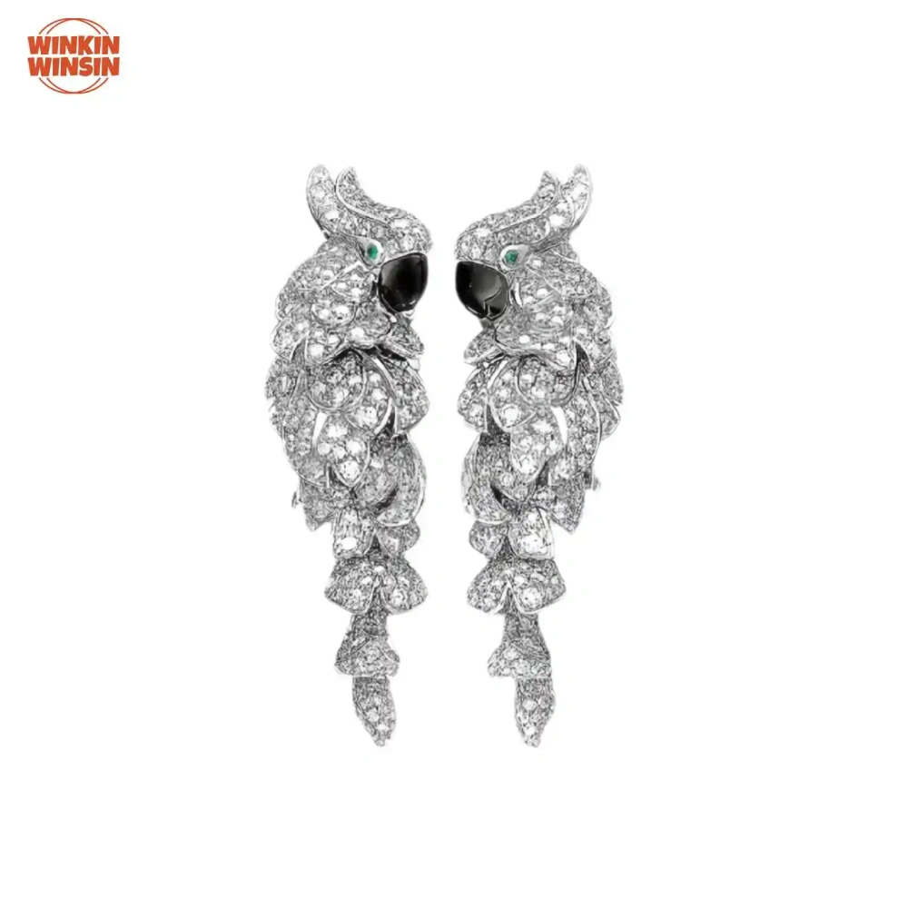 Winkin Winsin 16.5g 925 Sterling Silver Drop Earrings For Women Parrot Bird Stud Earring Full Zircon Diamond Enamel Earrings