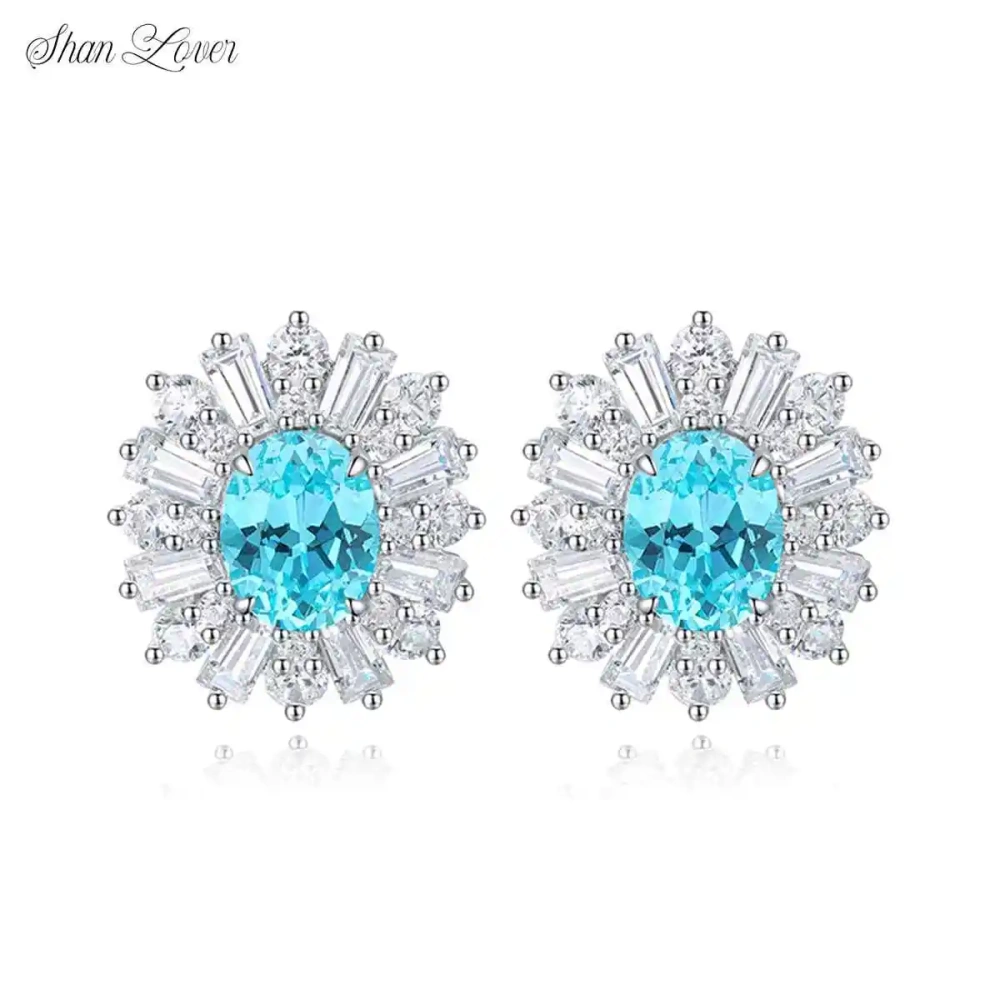 ShanLover Brand Paraiba Ear Studs Lake Blue Cold Style  S925 Silver Needle Piercing High-End Exquisite Earrings Jewelry
