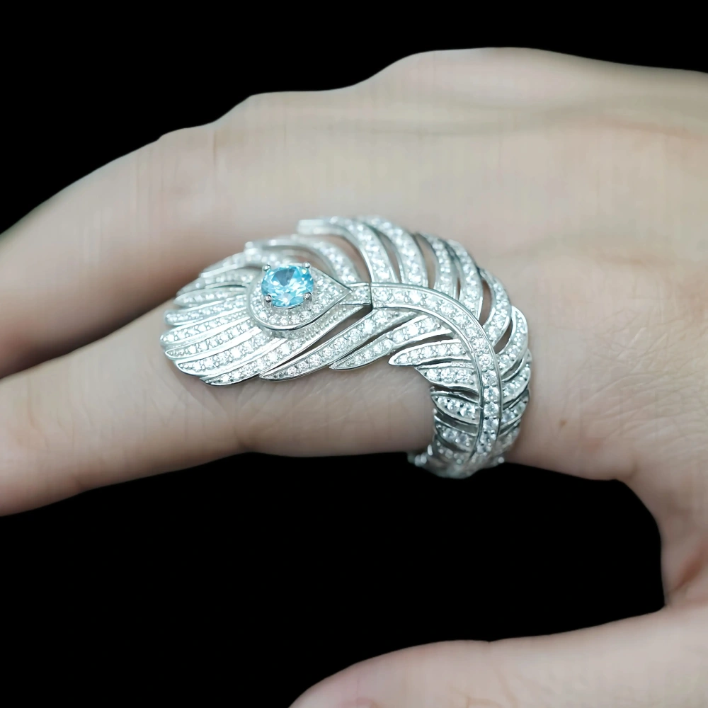 Winkin Winsin Brand Luxury S925 925 Sterling Silver Ring For Women Peacock Feathers Rings Girls Blue Zircon Finger Ring Jewelry