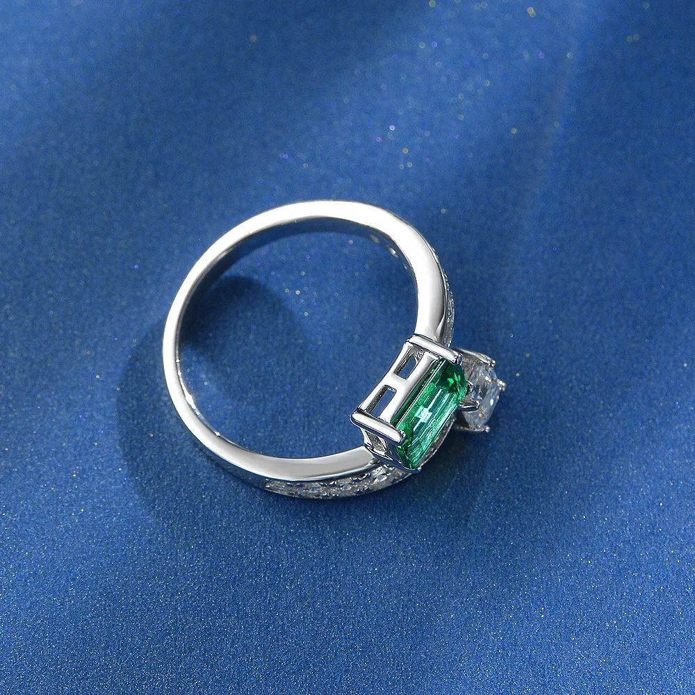 Winkin Winsin 1ct Cultured Emerald 5*7 High-Carbon Diamond Ring, Women's European and American Fashion Open Ring