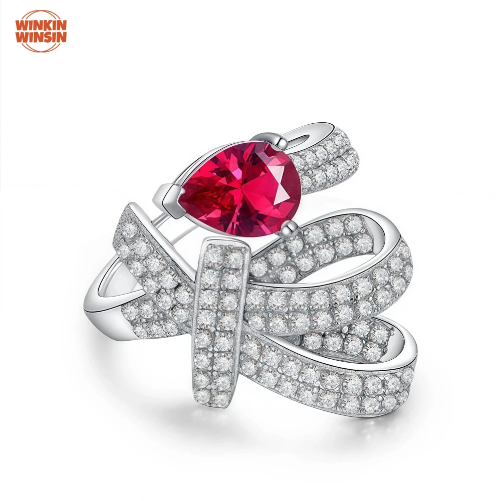 Winkin Winsin 1ct Water Drop Ruby Lab Grown Gemstones Diamond Ring Luxury 925 Sterling Silver Ring CMA Certificate Jewelry