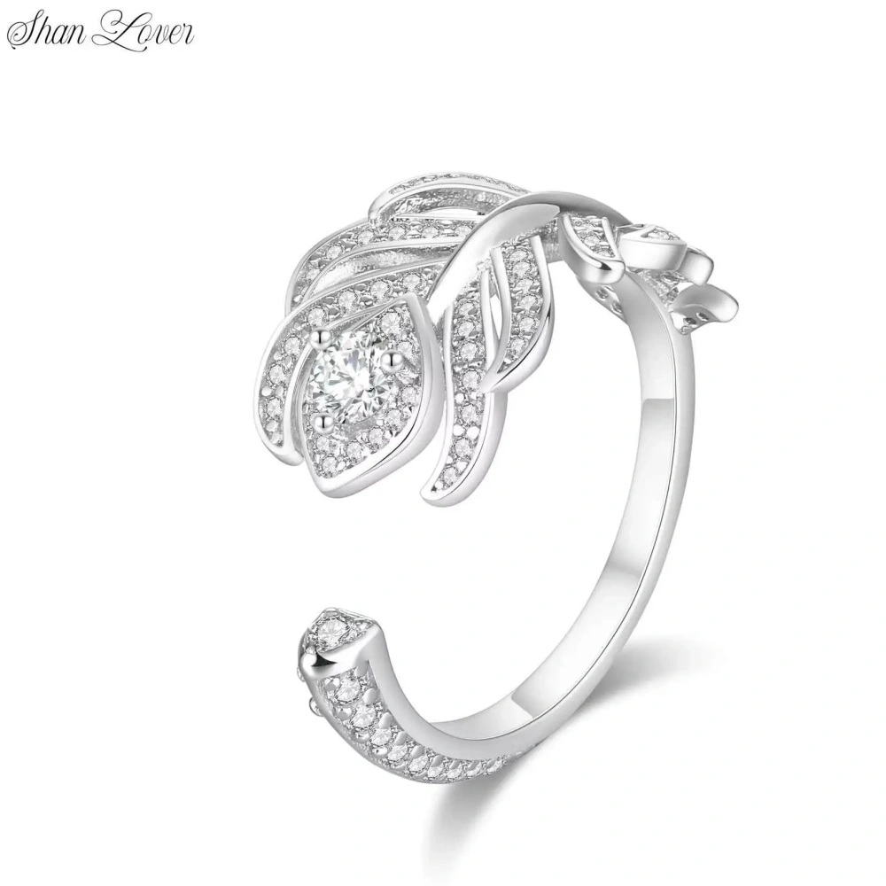 ShanLover Brand S925 Real 925 Silver Full Diamond Feather Ring Opening Design Pure Sterling Silver Rings For Woman Man Jewelry