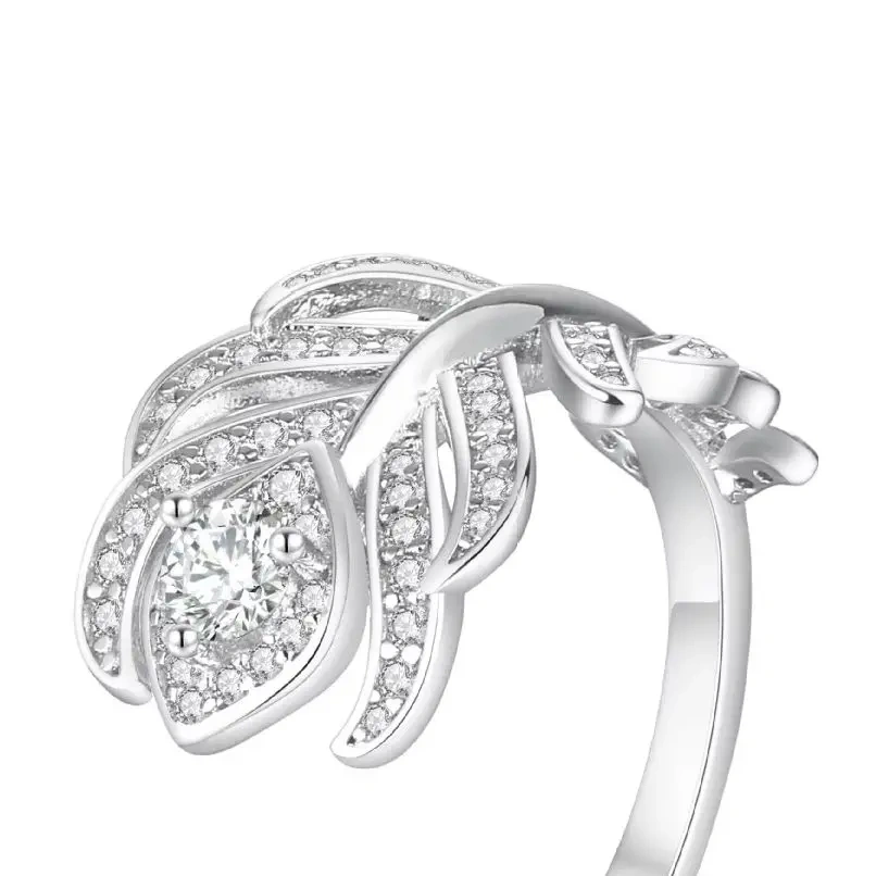 ShanLover Brand S925 Real 925 Silver Full Diamond Feather Ring Opening Design Pure Sterling Silver Rings For Woman Man Jewelry