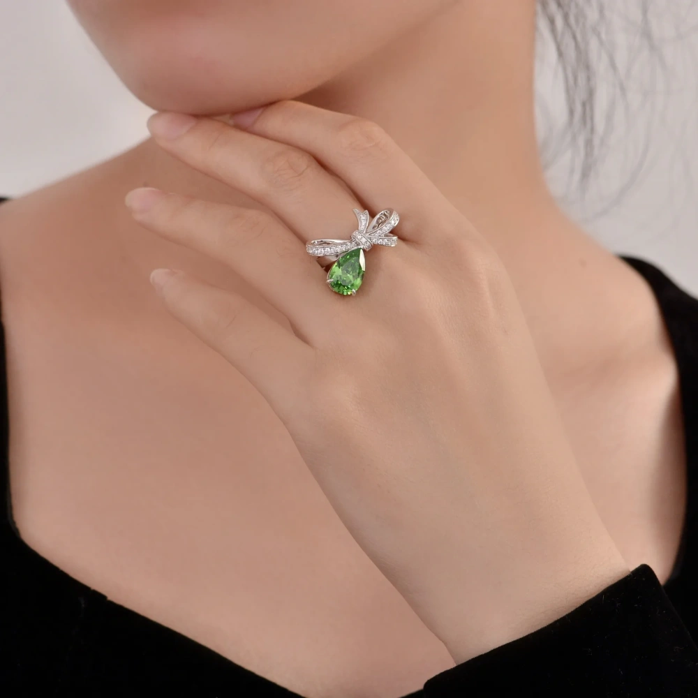 Winkin Winsin Bowknot Diamond Ring 3ct Emerald Green Water Drop Shape Lab Grown Gemstones High Carbon Diamond Ring Jewelry