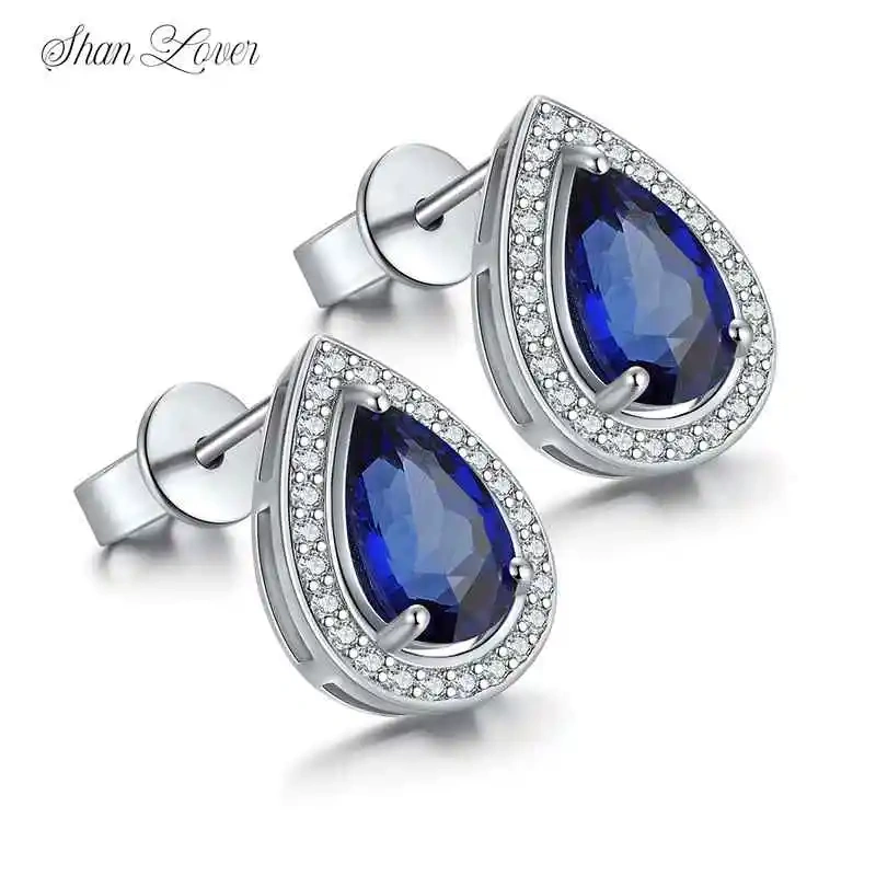 ShanLover Brand Luxury 925 Sterling Silver Earrings Lab Grown Teardrop Shaped Sapphire Stud Earrings for Women