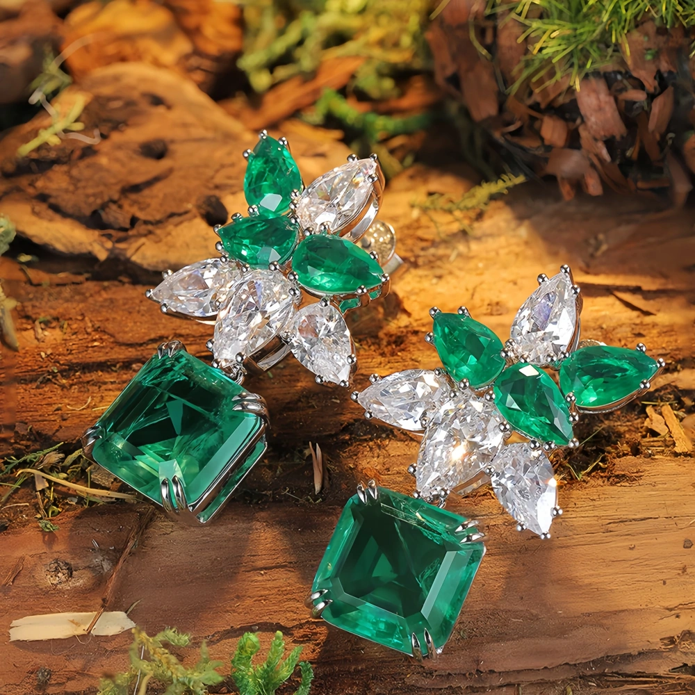 ShanLover Brand 13ct Big MGI Top Grade Lab-Grown Gemstones Emerald Drop Earrings 925 Sterling Silver Women Stud Earrings Jewelry