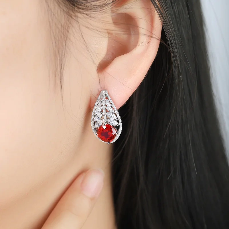 ShanLover Brand S925 Silver Cultivated Gemstone Temperament Leaf Ear Stud Female  Blood Red Gemstone Certificated Stud Earrings