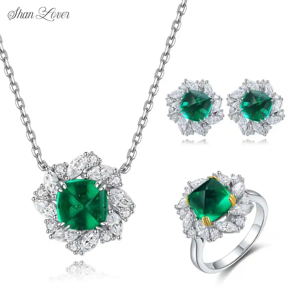 ShanLover Top Grade 9ct Lab Grown Emerald Jewelry Set 925 Sterling Silver Pendant Necklace Emerald Rings Stud Earrings For Women