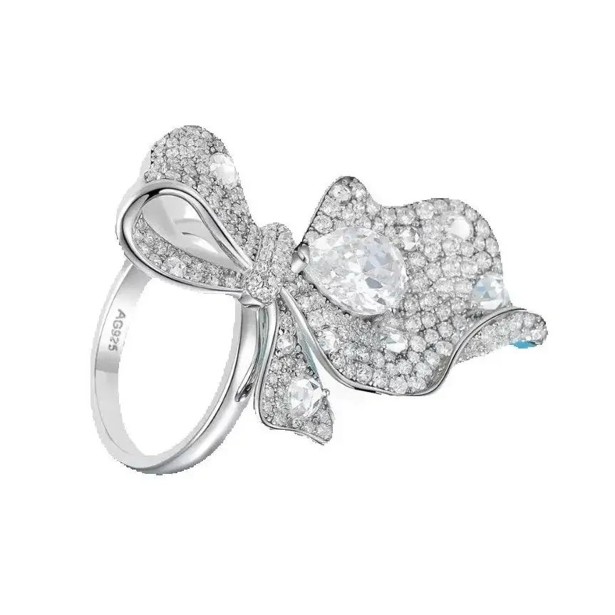 ShanLover Brand 925 Silver Bowknot Ring Fashion Jewelry for Women Bow Flower Design Full Diamond Gemstones Rings Accessory