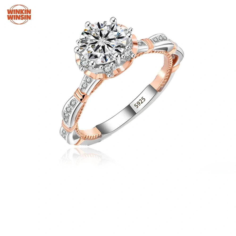 Winkin Winsins 925 sterling silver Moissan diamond ring, Princess on the Run, six-prong luxury 1-carat