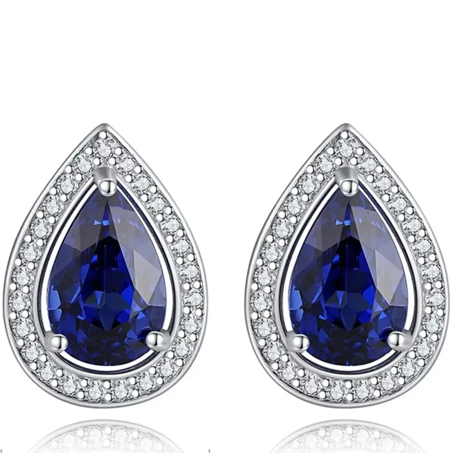 ShanLover Brand Luxury 925 Sterling Silver Earrings Lab Grown Teardrop Shaped Sapphire Stud Earrings for Women