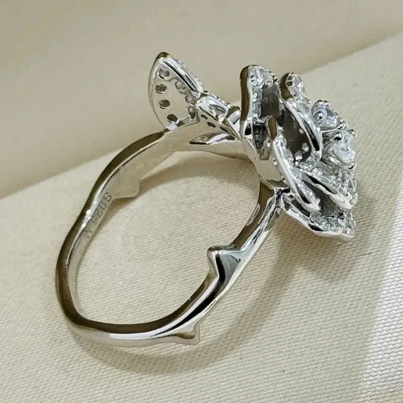 Winkin Winsin Camellia Leaf Inlaid Full-diamond Ring 925 Sterling Silver  Lab Grown High Carbon Diamond Zircon Women Ring