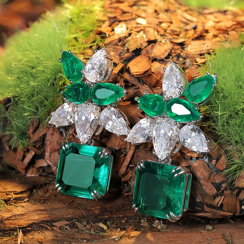 ShanLover Brand 13ct Big MGI Top Grade Lab-Grown Gemstones Emerald Drop Earrings 925 Sterling Silver Women Stud Earrings Jewelry