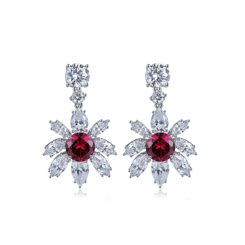 ShanLover Brand Simple Floral round Red Gemstone Silver Ear Studs Lab Grown Gemstones  Pigeon Blood Red Ruby Fashion Jewelry