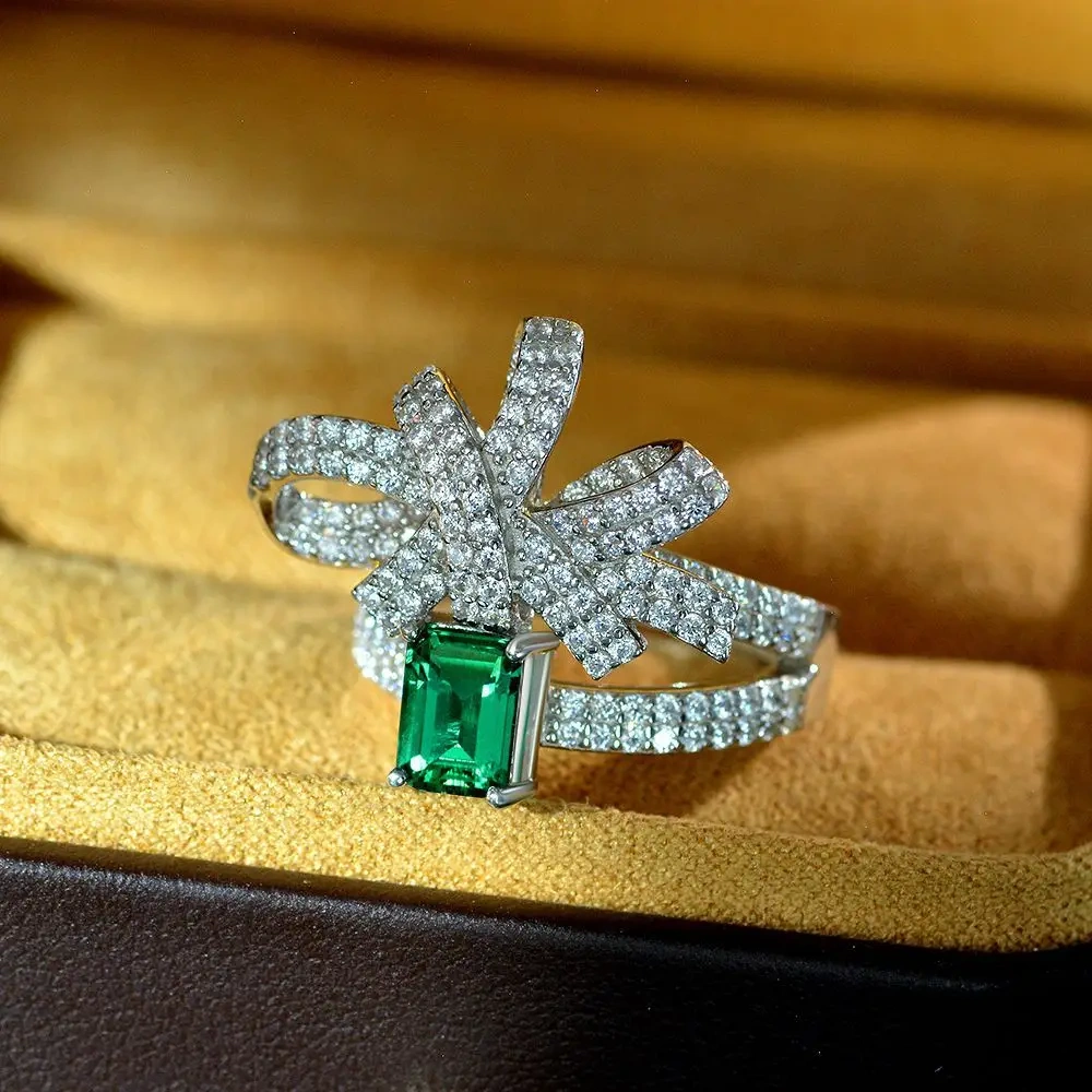 Winkin Winsin 1ct Zambian Color Cultured Emerald 5*7 Bowknot Ring 925 Silver