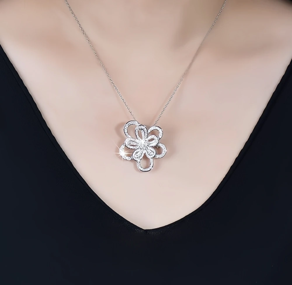 ShanLover Brand Woman 925 Sterling Silver Jewelry Brooch Pendants Necklace Multiple Use Flowerlace Zircon Chain Pendant Necklace